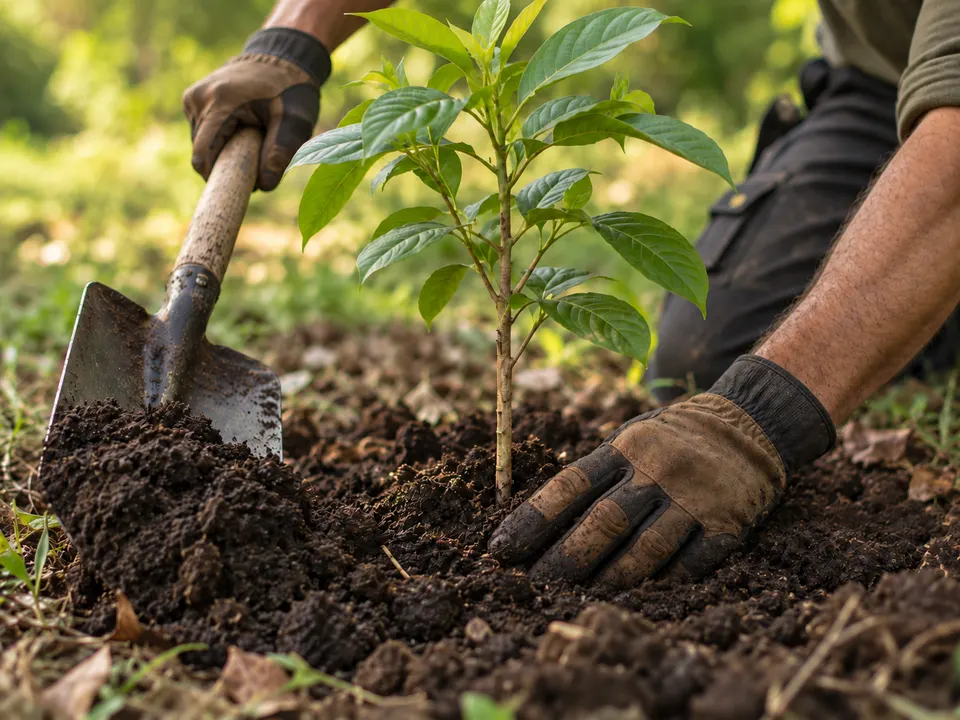 A young sapling being planted by gloved hands
